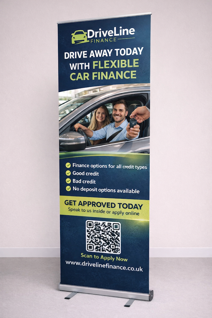 Roller banner display with branded artwork